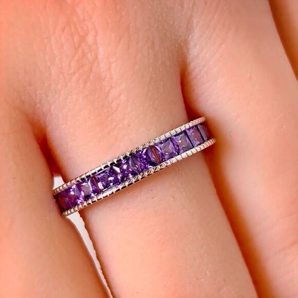 Sterling Silver Purple Amethyst CZ Eternity Band Ring New - Picture 5 of 7